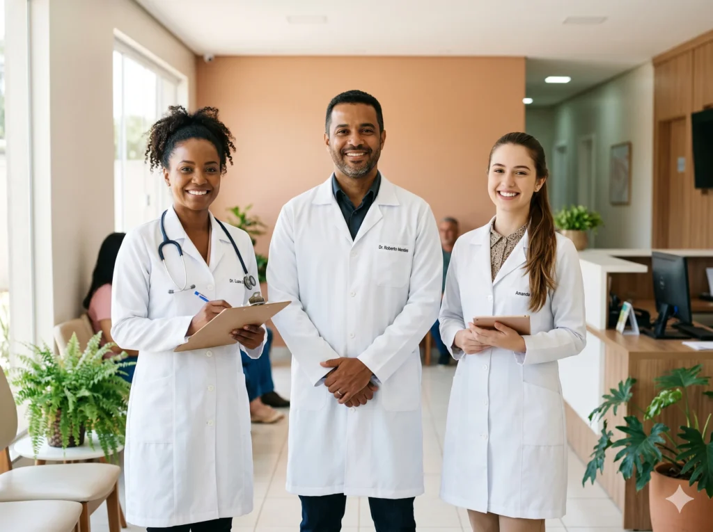 Equipe médica ou interior da Mega Clínica